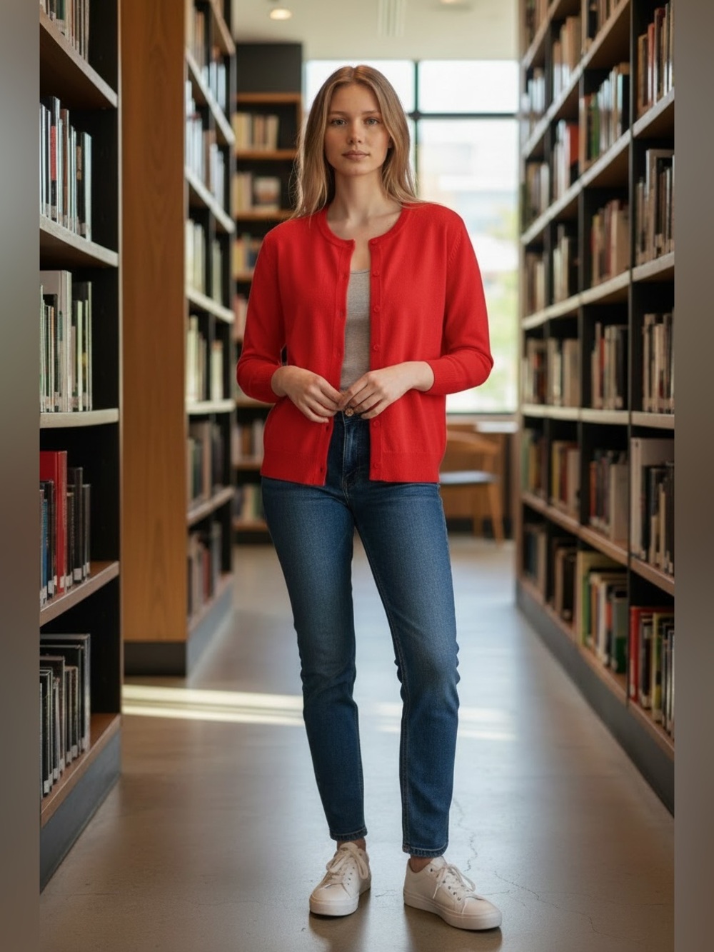 Cable & Gauge Cardigan M Bright Coral Red Crewneck Button-Front